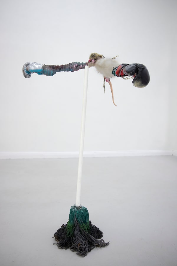 Mop Boxer, Tong Kunniao, 2019, mixed media (boxing gloves, artificial wool, metal, mop, etc.), 100x100x150cm Photot by Oskar Pawelko, Courtesy Hua International