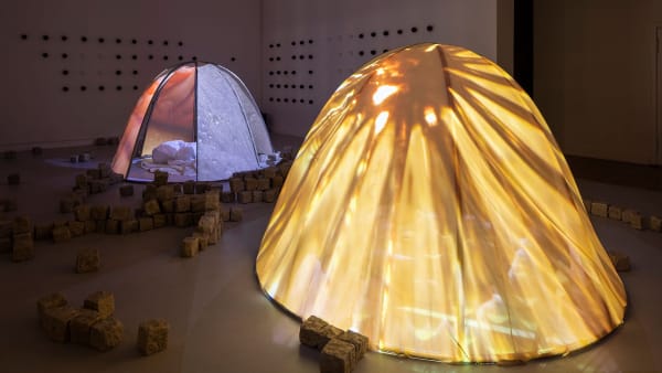 Ataraxia (installation with durational performance), 2021, Isabella Fürnkäs, multi media installation,stainless steel structures (1,50 x 2,30 m),textile, sound, 4 videos (9min, loop/colour, silent), variable dimensions, edition of 1+1AP, photo by Timo Ohler, courtesy of the artist and Hua International