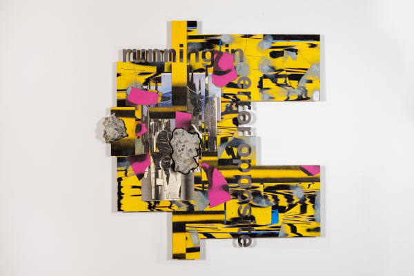 RAFAEL DOMENECH, running in opposite, 2025, found rock, paint, plywood, laser print on various papers, archival adhesive, 77 x 70 x 9 cm.