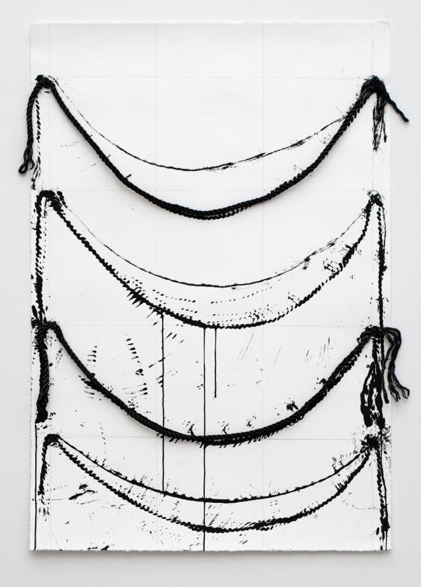 Lynne Tobin Attachments 2023 ink and rope on paper 42”H x 32”W | 106.5 cm x 81.25 cm