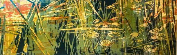 Catherine Kernan, Against the Grain #85, Woodcut monoprint with offsets and viscosity role on Mulberry, 19" x 59" inches