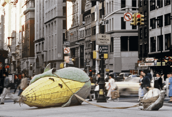 Christy Rupp, “Social Progress” (1985), Broadway and 5th Ave, NYC; mixed media and steel (photo by Peter Bellamy, sponsored by the Public Art Fund)