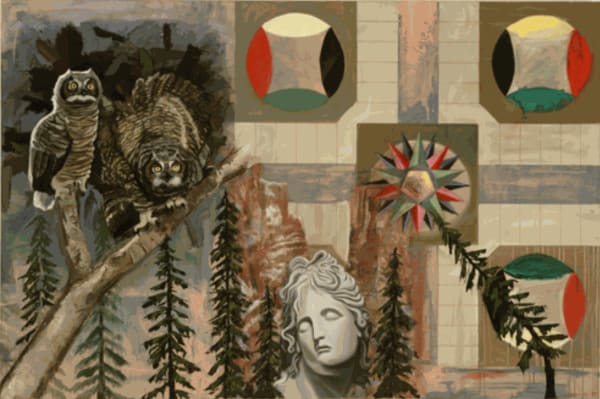 ROBERT MANGO Game Board with Owls 64" x 96" inches oil on canvas 1994