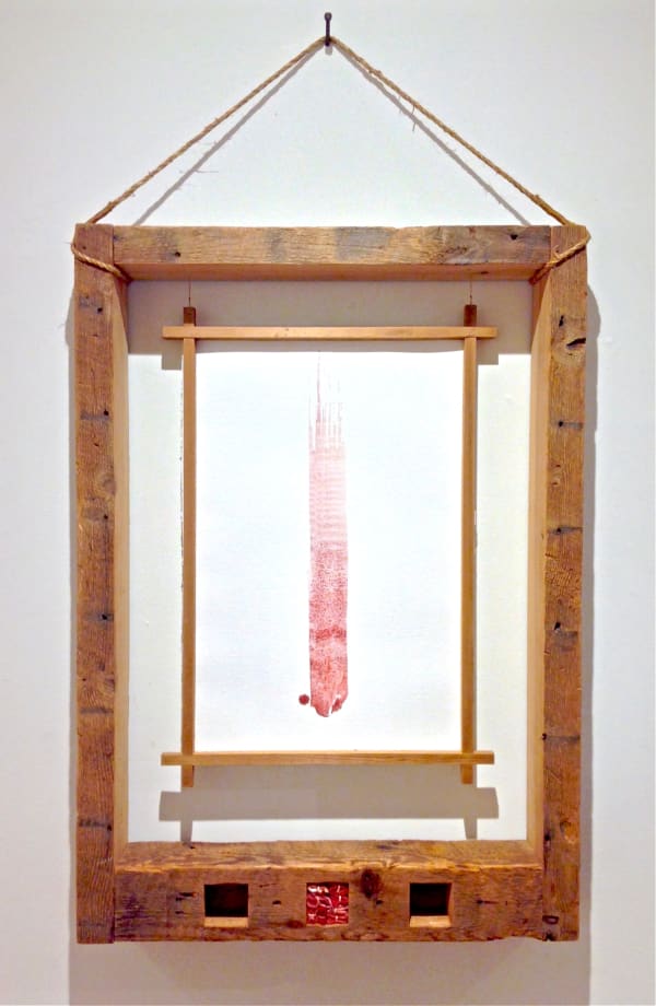 Altar for Grieving © Millicent Young 2012, wood, paper, red iron oxide, salt, silk, silk thread, rope; 45 x 24 x 4"