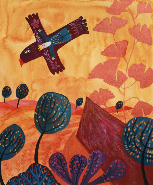 buy art artist Bo Gort Indigo Snow Ullapool Highland Scotland NC500 fairytale folklore myth legend fantasy folk art naive dreamworld liminal exhibition stars roots and feathers watercolour and acrylic on paper the king surveys the land