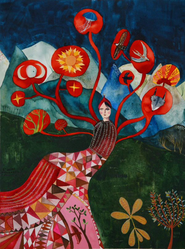 buy art artist Bo Gort Indigo Snow Ullapool Highland Scotland NC500 fairytale folklore myth legend fantasy folk art naive dreamworld liminal exhibition stars roots and feathers acrylic and watercolour on paper be still my heart these great trees are praye