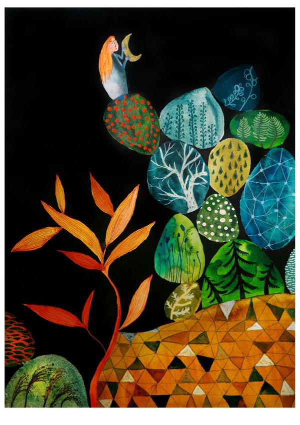 buy art artist Bo Gort Indigo Snow Ullapool Highland Scotland NC500 fairytale folklore myth legend fantasy folk art naive dreamworld liminal exhibition stars roots and feathers mixed media on paper stand like slow growing trees