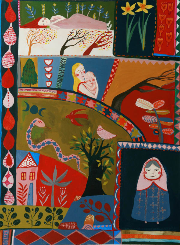 buy art artist Bo Gort Indigo Snow Ullapool Highland Scotland NC500 fairytale folklore myth legend fantasy folk art naive dreamworld liminal exhibition stars roots and feathers acrylic on paper maiden mother crone