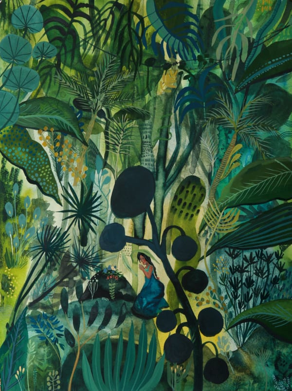 buy art artist Bo Gort Indigo Snow Ullapool Highland Scotland NC500 fairytale folklore myth legend fantasy folk art naive dreamworld liminal exhibition stars roots and feathers watercolour and acrylic on paper prayers that are made out of grass