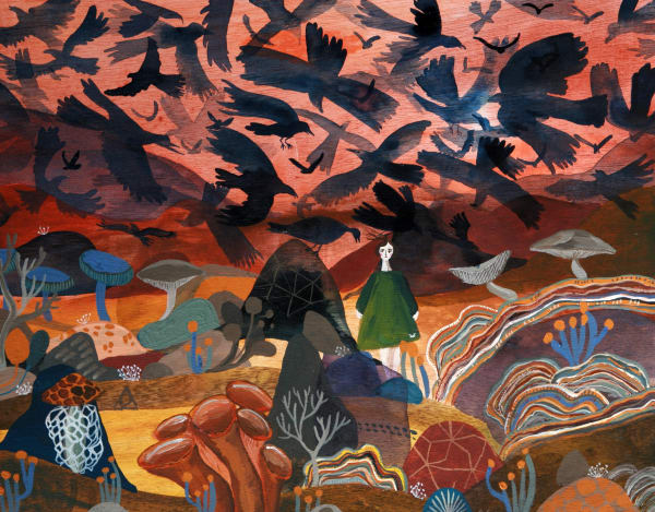 buy art artist Bo Gort Indigo Snow Ullapool Highland Scotland NC500 fairytale folklore myth legend fantasy folk art naive dreamworld liminal exhibition stars roots and feathers acrylic on wood don't let the birds of sorrow build nests in your hair