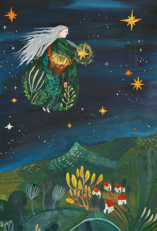 buy art artist Bo Gort Indigo Snow Ullapool Highland Scotland NC500 fairytale folklore myth legend fantasy folk art naive dreamworld liminal exhibition stars roots and feathers acrylic on paper planting the stars
