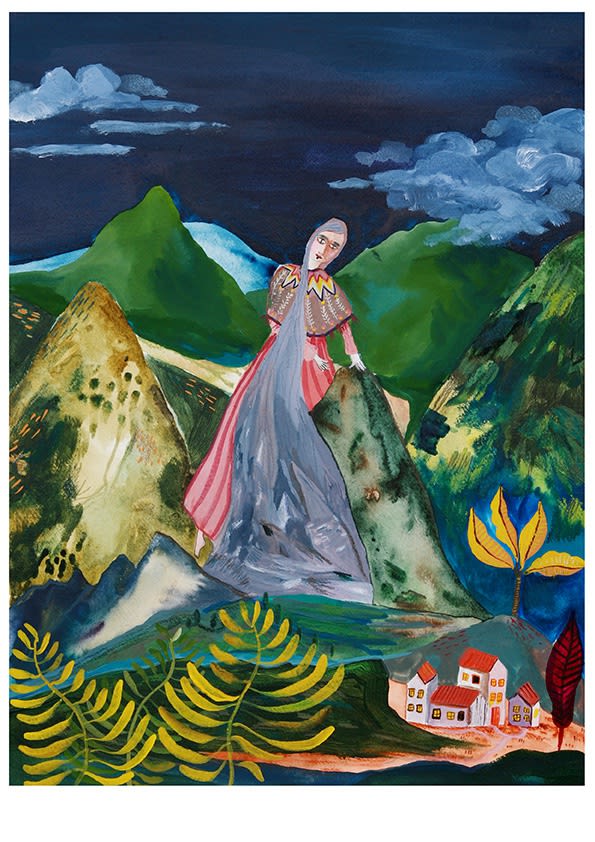 buy art artist Bo Gort Indigo Snow Ullapool Highland Scotland NC500 fairytale folklore myth legend fantasy folk art naive dreamworld liminal exhibition stars roots and feathers mixed media on paper cailleach, mother of mountains