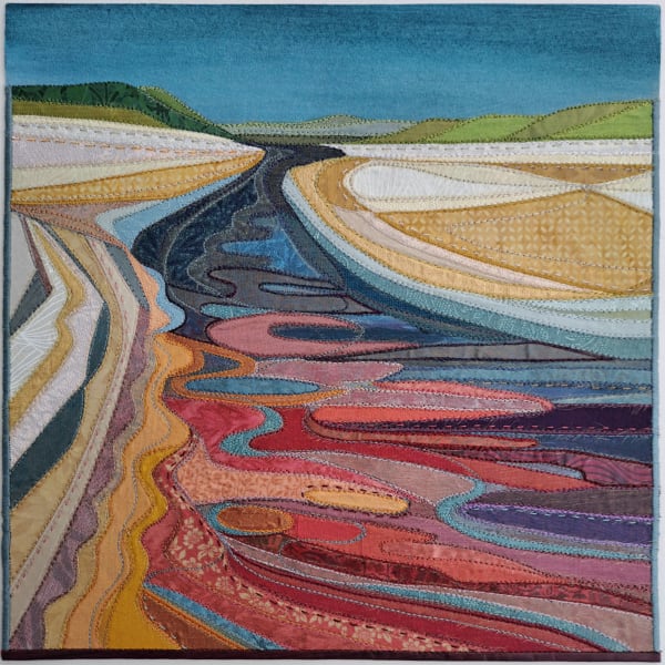 Alt textbuy art artwork highland scottish dingwall alchemist gallery debbie lee textile collage stitched original landscape red river rocks