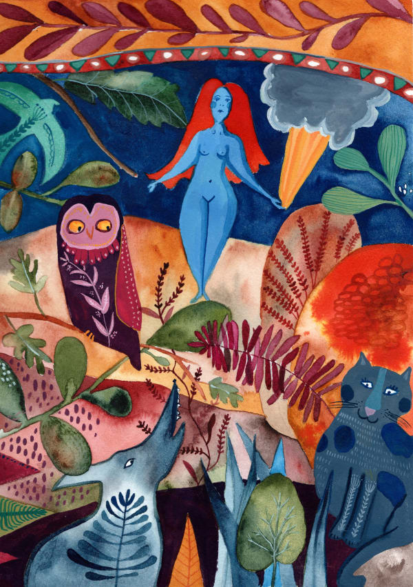 buy art artist Bo Gort Indigo Snow Ullapool Highland Scotland NC500 fairytale folklore myth legend fantasy folk art naive dreamworld liminal exhibition stars roots and feathers watercolour and gouache on paper conduit or blue lady