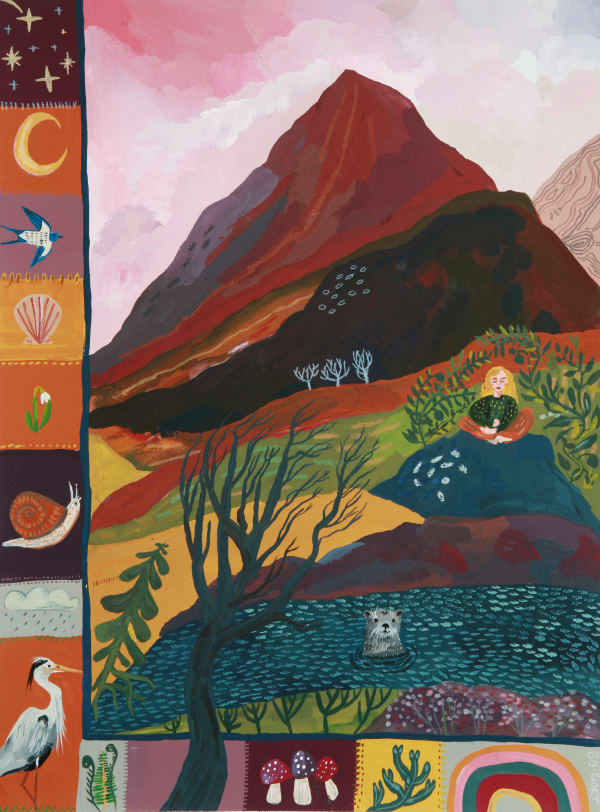 buy art artist Bo Gort Indigo Snow Ullapool Highland Scotland NC500 fairytale folklore myth legend fantasy folk art naive dreamworld liminal exhibition stars roots and feathers gouache on paper resting in the world