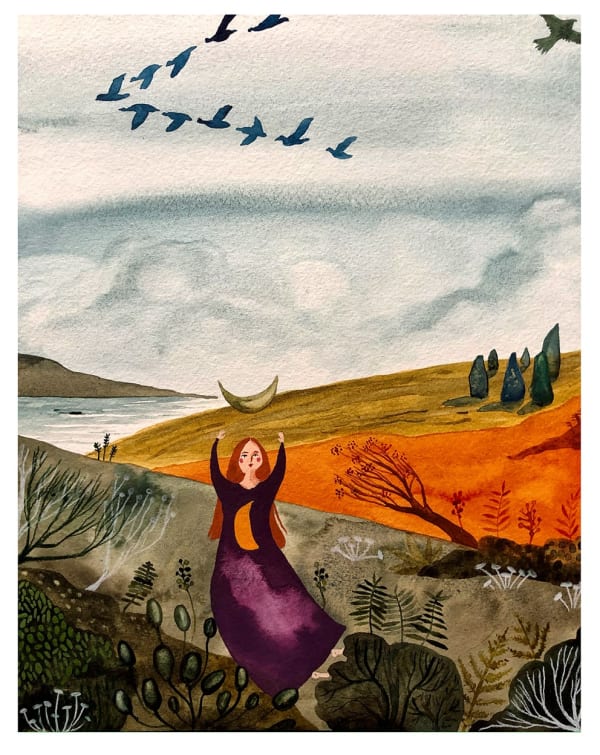 buy art artist Bo Gort Indigo Snow Ullapool Highland Scotland NC500 fairytale folklore myth legend fantasy folk art naive dreamworld liminal exhibition stars roots and feathers watercolour on paper the lady who swallowed the moon