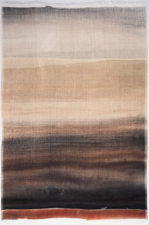 buy textile art artist original Aimee Coulshed Highlands Scottish square framed textile art monoprint organic stitch resist linen patchwork with embroidery Distance Duncan of Jordanstone Dundee