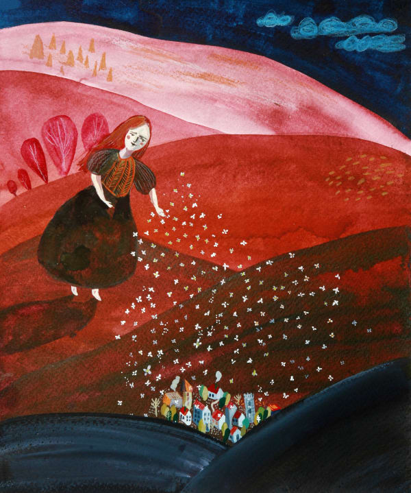 buy art artist Bo Gort Indigo Snow Ullapool Highland Scotland NC500 fairytale folklore myth legend fantasy folk art naive dreamworld liminal exhibition stars roots and feathers gouache and watercolour on paper white flower shower