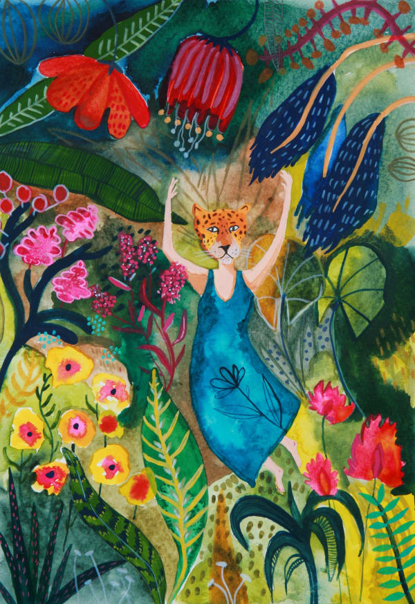 buy art artist Bo Gort Indigo Snow Ullapool Highland Scotland NC500 fairytale folklore myth legend fantasy folk art naive dreamworld liminal exhibition stars roots and feathers watercolour and gouache on paper the wild indigenous one