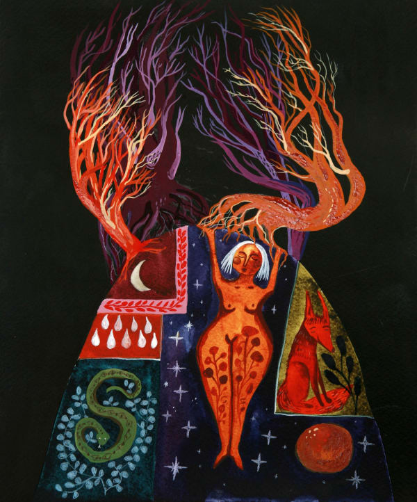 buy art artist Bo Gort Indigo Snow Ullapool Highland Scotland NC500 fairytale folklore myth legend fantasy folk art naive dreamworld liminal exhibition stars roots and feathers watercolour and acrylic on paper all the things we cannot see