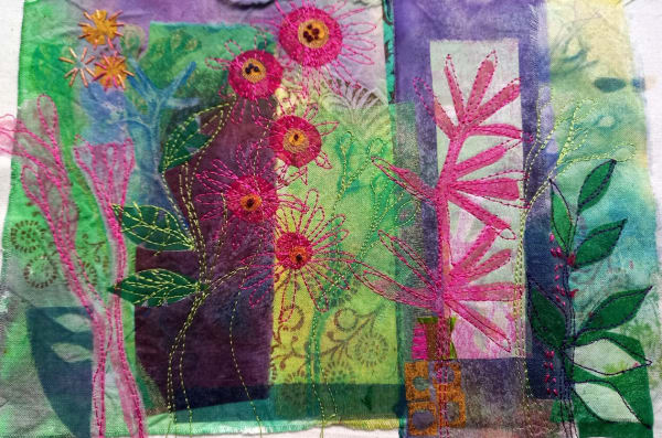 buy textile art artist original Elaine Wilson Glasgow School of Art mixed media framed textile art embroidery stitch Chelsea Flowers