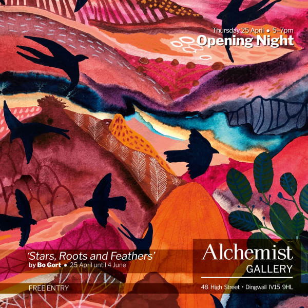 bo gort exhibition alchemist gallery dingwall opening night event stars roots and feathers evening viewing