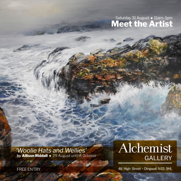 buy art artwork Highlands Scotland Scottish artist Allison Riddell Dornoch seascape mixed media oil acrylic ink on wood panel storms seas beach nc500 exhibition Woolie Hats and Wellies Alchemist Gallery Dingwall