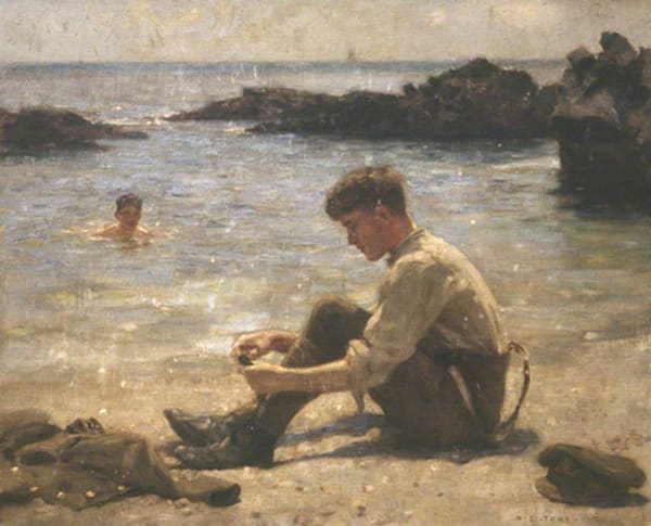 A Soldier (possibly T. E. Lawrence) at Newporth Beach, near Falmouth by Henry Scott Tuke