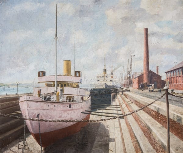'Dry Dock, Southampton' (1935), oil on canvas, 61.5 x 75 cm, Collection: Barings PLC, UK, Photo by Paul Carter, © Richard Eurich Paintings