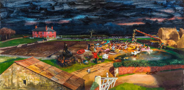 'Men of Straw' (1957), Oil on panel, 50.8 x 101.6 cm, Collection: Nottingham Castle, Museum and Art Gallery, Nottingham, Nottinghamshire, Photo by Paul Carter, © Nottingham Castle Museum and Art Gallery / Richard Eurich Paintings