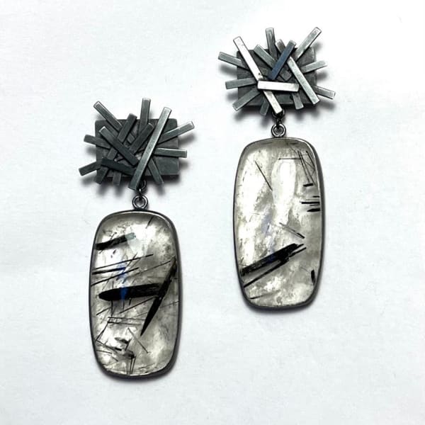 Claire Underwood Winter Thorn Earrings , 2022 Tourmaline in quartz stones set in oxidised sterling silver H40 x W14 x D4 mm