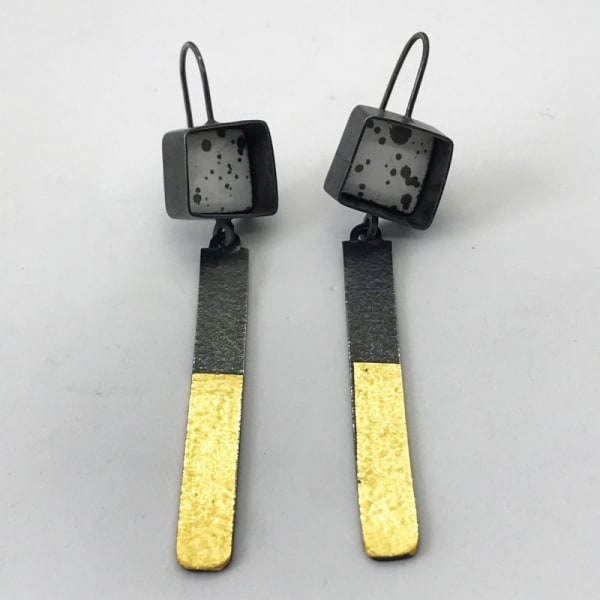 Rachel Brown Square Earrings With Drop, 2022 Silver, Copper, Enamel, Graphite, 24ct Gold H6.5 x W1.2 x D0.6 cm
