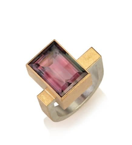 Josef Koppmann Ring With Bi-Colour , 2022 22ct gold & silver with bi-colour rectangular tourmaline 12 x 7 mm 3.71ct