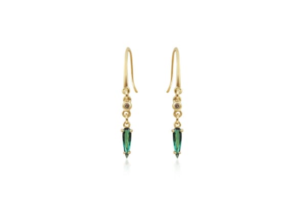 Flora Bhattachary Mahal Green Tourmaline Earrings, 2022 14 carat gold, champagne diamond, traceable Brazilian tourmaline pear Total carat: 1.52