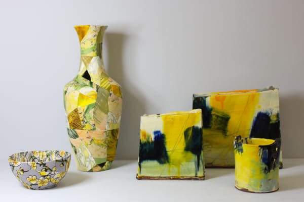 Zoe Hillyard hand-stitched patchwork ceramic vessels (left), Barry Stedman slab vessels (right)