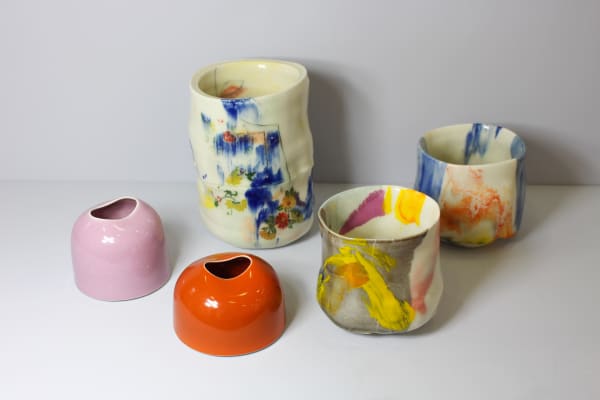 Tanya Gomez ceramic table vessels (left), Ashley Howard pocelain vessels with enamel (right)
