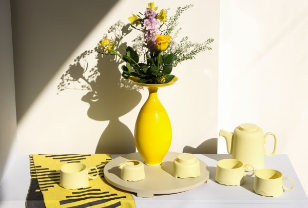 Eva Radulova ceramic teaware, Jennifer Shellard hand woven spun silk scarf, Anna Silverton hand thrown Porcelain Vase