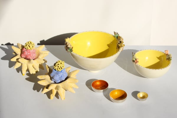 Tessa Eastman Miniature Cloud Bundle in Pollinating Creature (left), Delfina Emmanuel Yellow Rockpool Bowls (top right), Cara Murphy Vireous Enamel and Silver Miniature Bowls