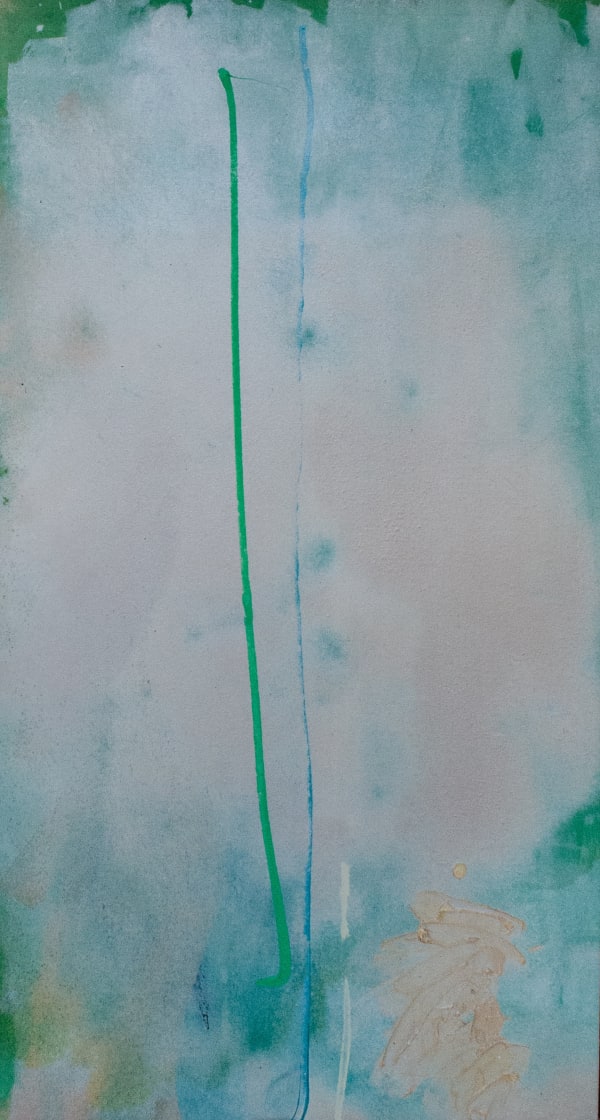 Green and gold abstract painting with vertical green line