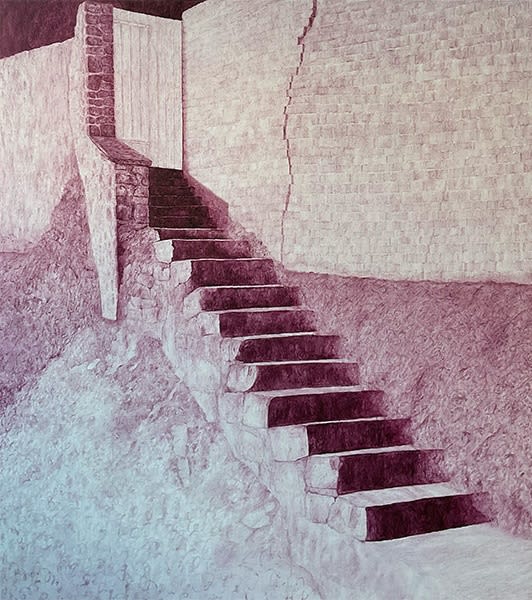 Rosa verk av Maria Hall föreställande en trappa