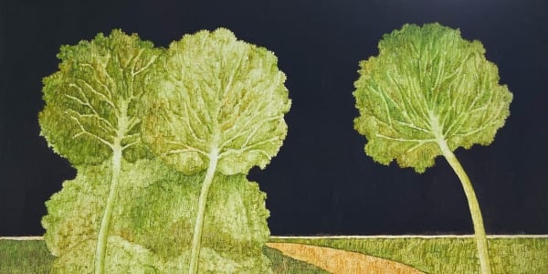 oljemålning av gröna trädd och mörk bakgrund