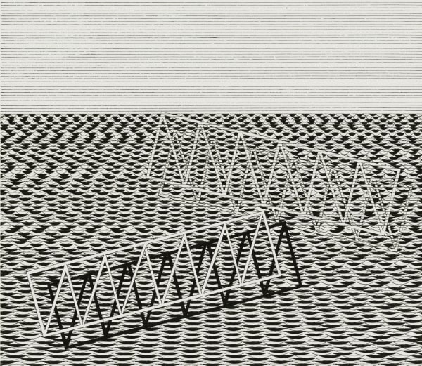 Abstract geometric pen and ink drawing with black ink on white paper