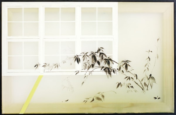 a buddleja plant in front of white window frame.