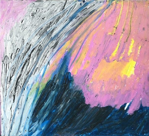 Blended oil pastel painting of abstract landscape and setting sun