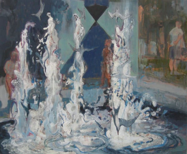 Terns diving into four fountains in a courtyard with people passing nearby