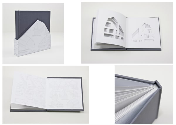 handcut papers in sculptural relief of a house casebound in hard covers with engineering notes in a slipcase