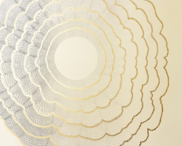 An abstract screen print on a cream background of a circular pattern of loops reminiscent of lace in grey, blended from mid-grey on the left to almost clear on the right of the image, every seventh ring is in gold leaf.