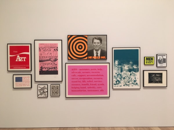 Exhibition installation of works in the Whitney Exhibition "An Incomplete History of Protest: Selections from the Whitney’s Collection, 1940–2017," Aug 18, 2017–Aug 27, 2018, including Sue Coe's work "AIDS and the Federal Government."