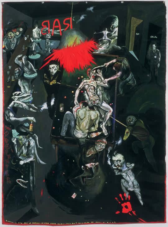Mixed media painting by Sue Coe illustrating the rape of a woman in a pool hall, based on a true story from the same time.