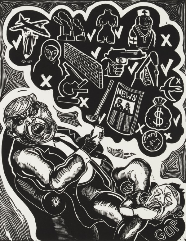 Image of Sue Coe's Tweeter in Chief, showing a caricature of Trump with pictures of things he likes to tweet about